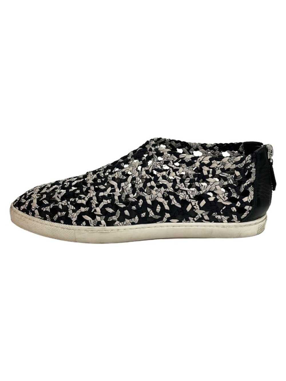 Hermes Slip-on Black White Gray Mesh Silk Leather Slippers